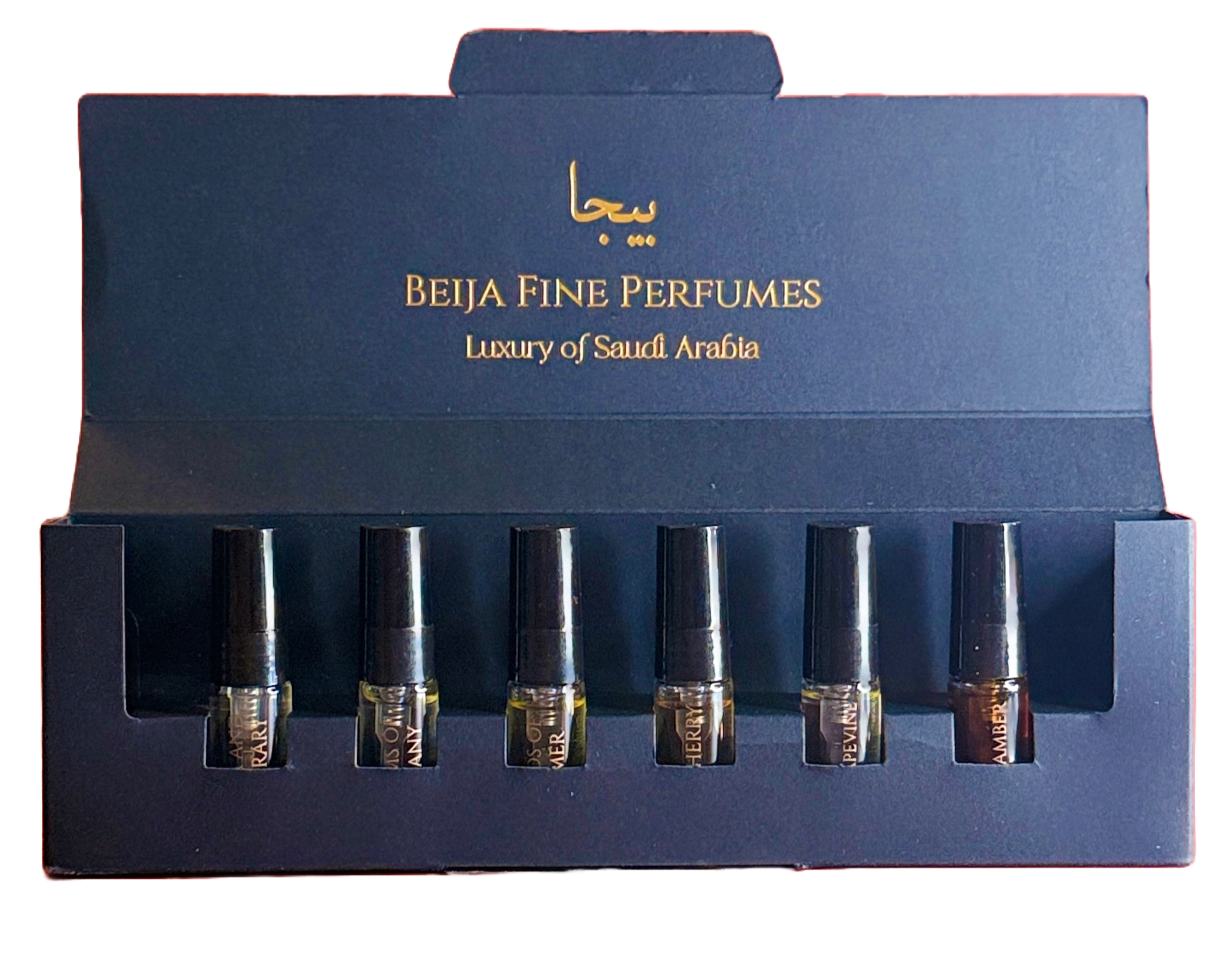 Set of Bella Fine Perfumes creations with a blue packaging box on a white background, 3ml sample set discovery set beija fine perfumes ksa